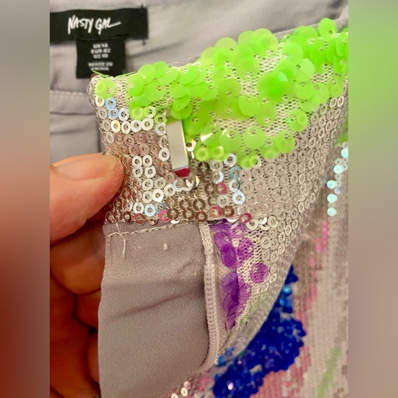 Nasty Gal Size 10 silver sequin w purple green and blue sequin flower pants. - Picture 9 of 14